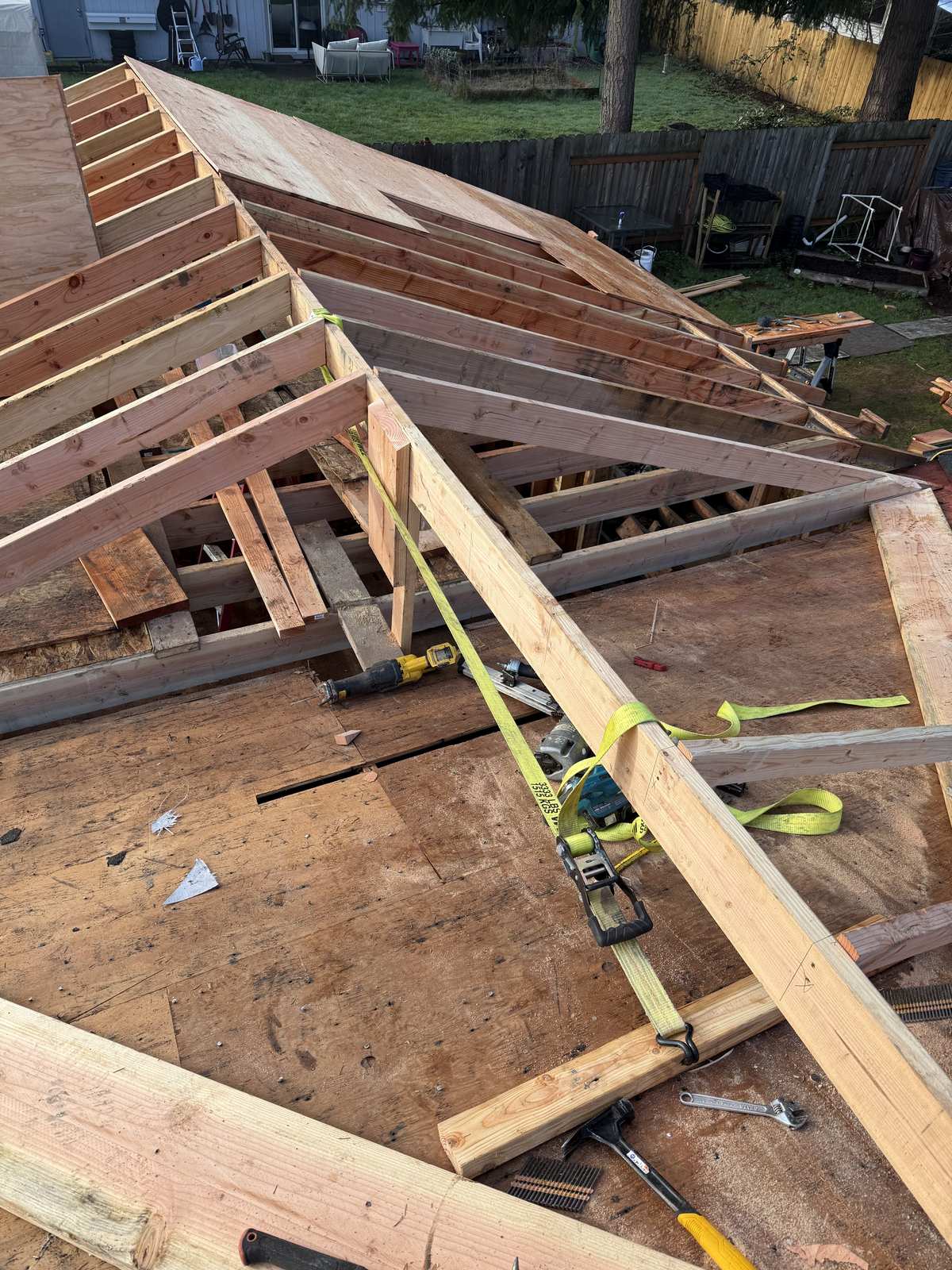 Close-up of new rafter framing on a Portland home addition
