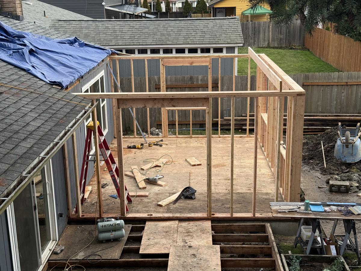 Wall framing on a new floor deck for a Portland home addition