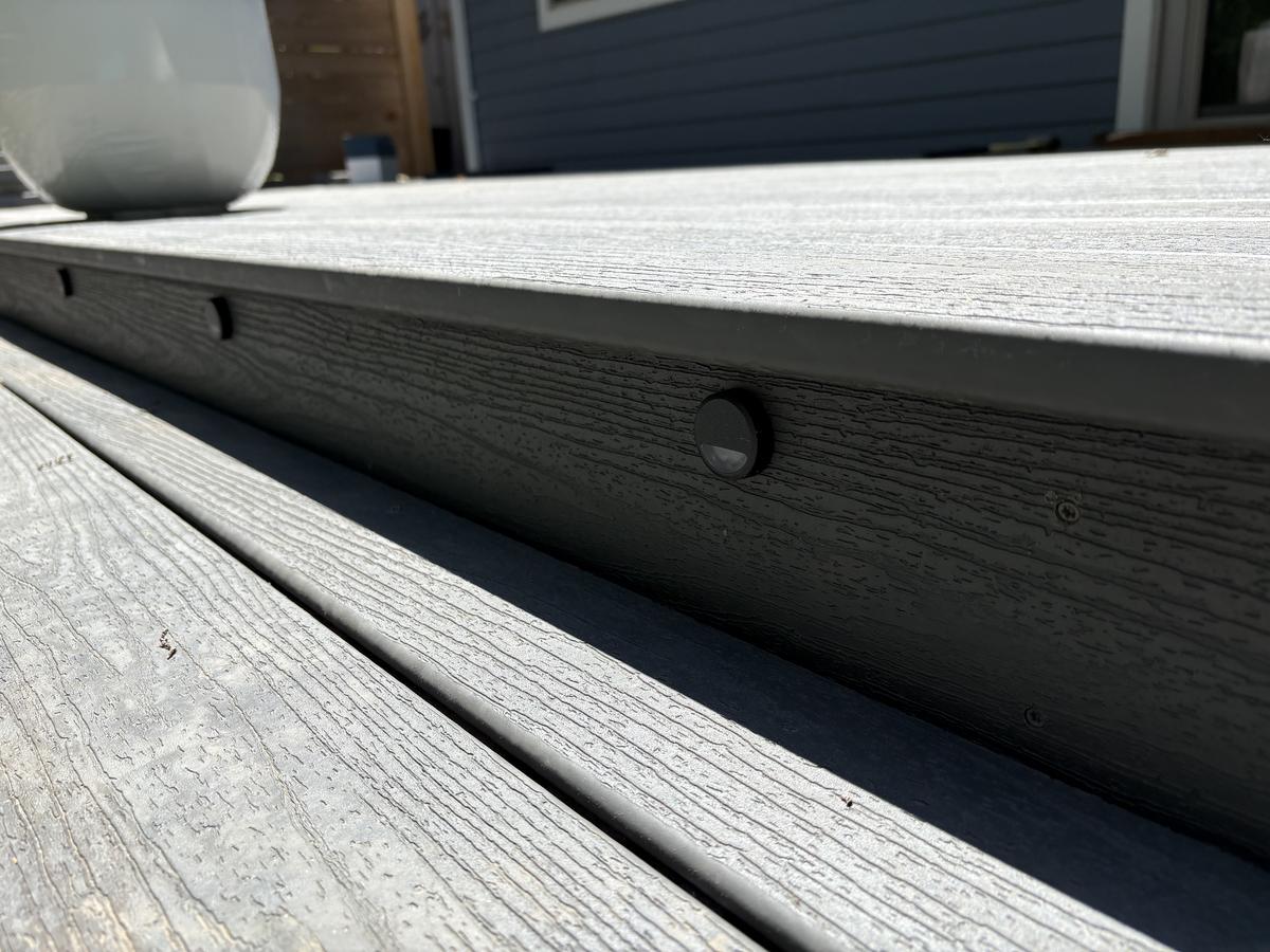 Close-up of composite decking and fascia detail on a Portland deck