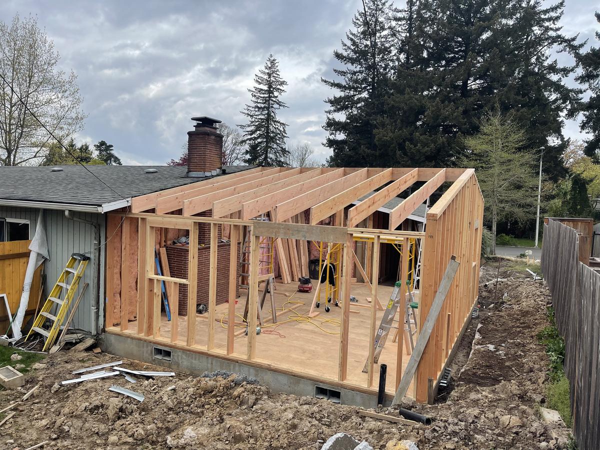 Rafters and wall framing completed on a Portland house addition