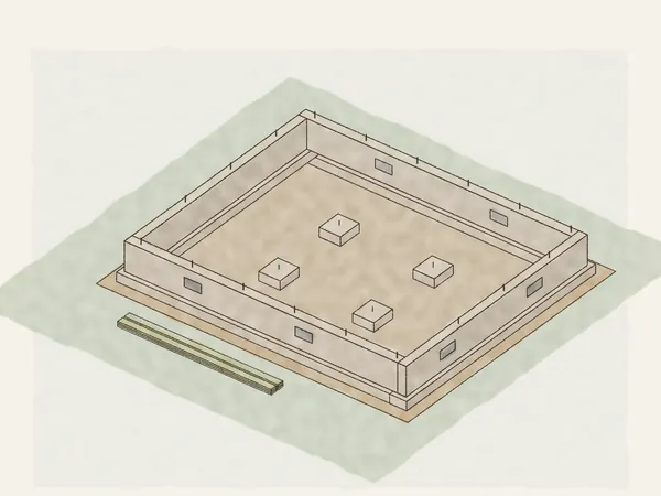 Illustration of a new crawl space foundation from above: stem walls on footings with vents and anchor bolts, pier pads inside, and treated sill plates waiting on the ground