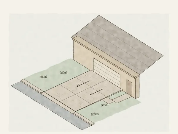 Illustration of a broom-finished concrete driveway with control joints, sloping from the garage down to the street, with arrows showing water draining away from the house
