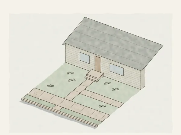 Illustration of a front walk running from a poured stoop and step out to the public sidewalk, with a second path along the front of the house