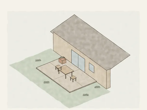 Illustration of a concrete patio off the back of a house at a sliding door, with control joints, a table and chairs and a planter