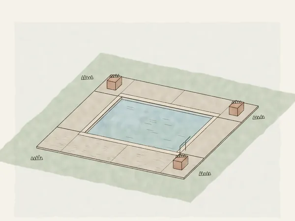 Illustration of a concrete deck around a backyard pool, with coping at the water and control joints in the deck