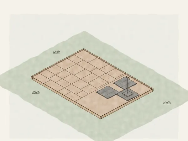 Illustration of a colored slab inside its forms with a stone pattern pressed into most of it, and stamp mats and a hand tamper on the fresh concrete still to be done