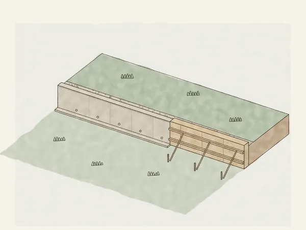 Illustration of a concrete retaining wall holding a raised yard, with weep holes and drain rock behind it, and its last section still in braced plywood forms