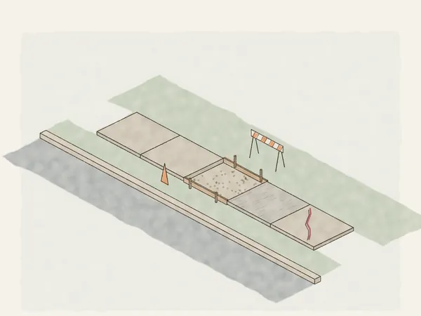 Illustration of a sidewalk being repaired panel by panel: one broken out and formed over a gravel base, one newly poured, and a cracked one marked in paint, with a barricade and cone