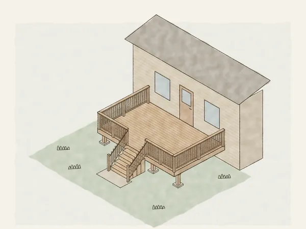 Illustration of a raised wood deck off the back of a house, with railings on every open edge and steps leading straight out from the back door