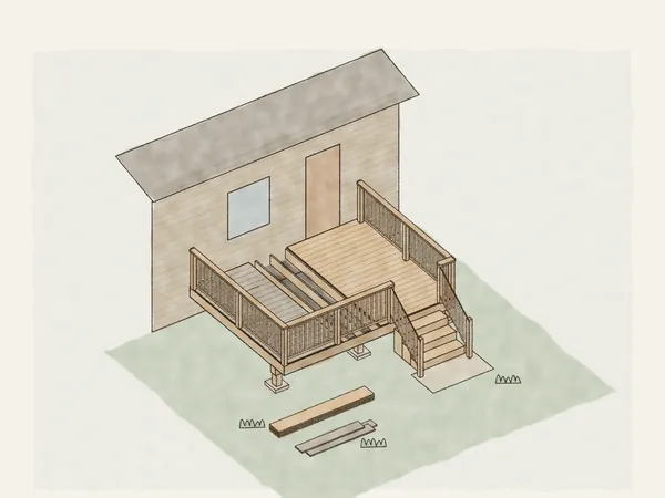 Illustration of a deck being redecked: new boards laid from the house end, a strip opened to the joists, and old weathered boards still to come off
