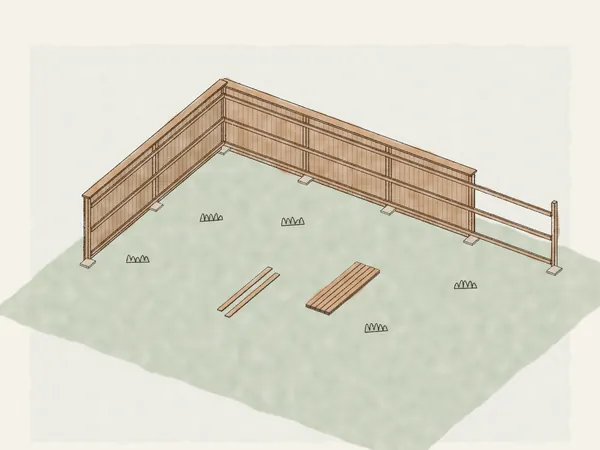 Illustration of a cedar privacy fence turning a back-yard corner, seen from the yard side with its posts and rails, and the last section waiting for pickets