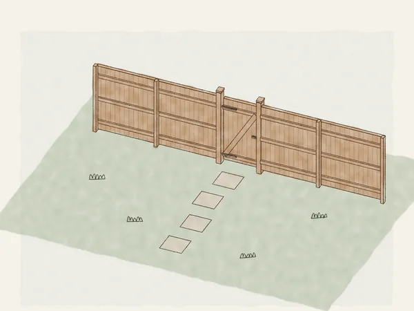 Illustration of a wood gate built into a matching cedar fence, hung on two heavy posts with strap hinges, a Z brace and a latch, and a stepping-stone path through it