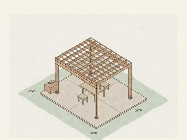 Illustration of a stand-alone cedar pergola on a patio, with a post under each corner, a beam across each pair of posts, rafters and slats on top, and a table and chairs underneath