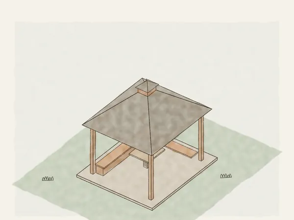 Illustration of a square gazebo on a concrete pad, with four corner posts, a hip roof with a small cupola, built-in benches and a table