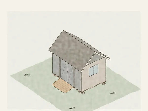 Illustration of a backyard shed on skids and concrete blocks, with painted siding, white trim, double doors with a ramp, a window and a gable roof