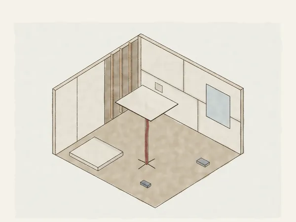 Illustration of a room being drywalled: sheets hung and taped on the walls, one bay of studs still open, and a drywall lift raising a ceiling sheet