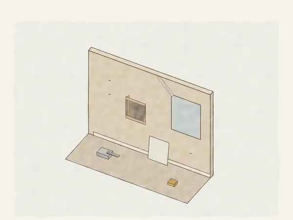 Illustration of a wall repair: a hole cut square with backing strips, the patch piece ready to go in, and a crack by the window taped and feathered with mud