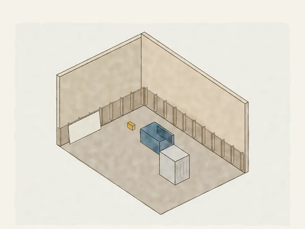 Illustration of a room after a leak: the wet lower drywall cut away to the studs, an air mover and dehumidifier drying it out, and new drywall cut to fit