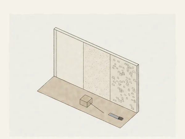Illustration of one wall in three finishes side by side, smooth, orange peel and knockdown, with a hopper gun and a knockdown knife