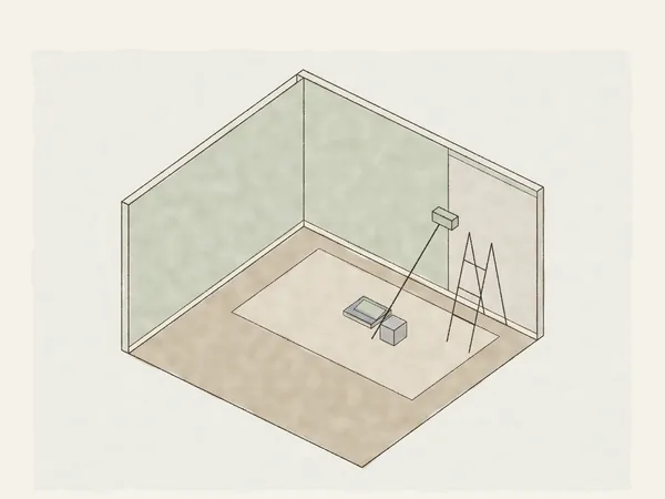 Illustration of a room being painted: walls part rolled in a new color, a roller on a pole, a tray and a can on a drop cloth, and a step ladder