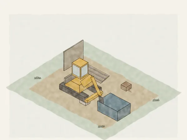 Illustration of a lot being cleared: an old shed half taken down, a stump and a rock, and a mini excavator loading debris into a haul bin
