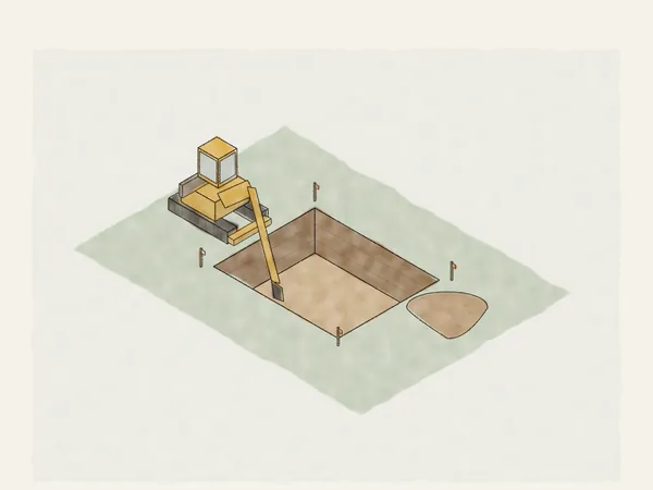 Illustration of a mini excavator digging a staked-out foundation hole, with the spoil piled beside it