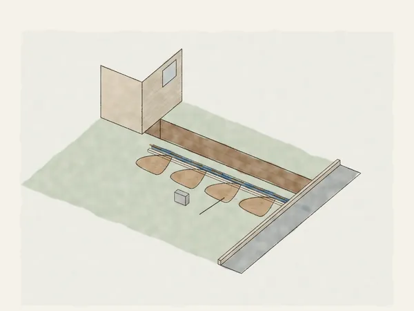 Illustration of a utility trench running from the side of a house out to the street, with a water line and conduit in the bottom and the spoil piled alongside