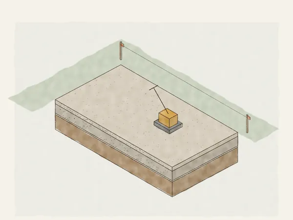 Illustration of a driveway base cut away to show its layers, native soil, fabric, compacted base rock and a top course, with a plate compactor and a string line