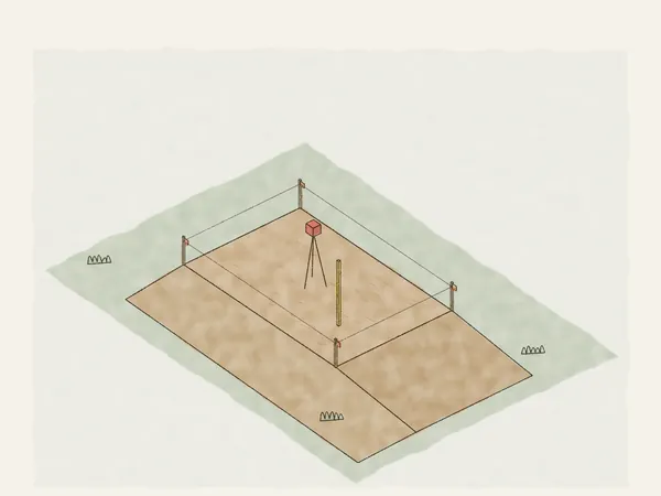 Illustration of a building pad cut level with grade stakes and a string line, the yard sloping away, and a laser level on a tripod