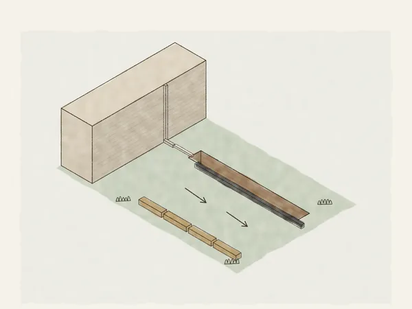 Illustration of a downspout piped away from a house to a French drain trench with a perforated pipe, arrows showing water moving away, and straw wattles at the edge