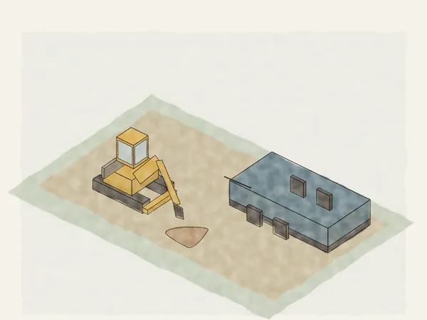 Illustration of a mini excavator and a dump trailer at the edge of a job