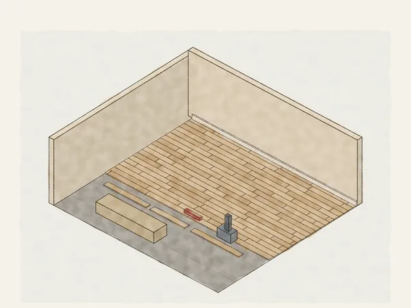 Illustration of a hardwood floor going in: staggered oak boards nailed down from the back wall over underlayment paper, loose boards racked out, a flooring nailer and a box of flooring