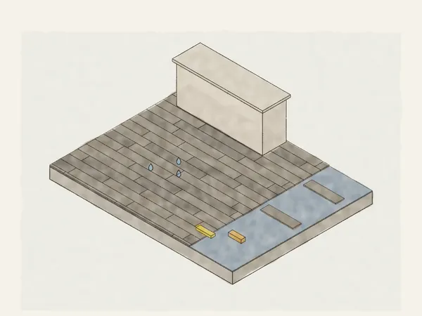 Illustration of luxury vinyl plank clicking together over underlayment on a concrete slab, beside a base cabinet, with water beading on the planks