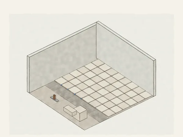 Illustration of a tile floor being set: square tiles with spacers on cement backer board, combed thinset ahead of the last row, a trowel, a bucket and a stack of tile