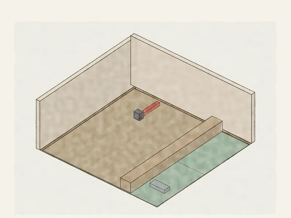 Illustration of carpet going in: tack strip around the room, pad with taped seams over the subfloor, carpet unrolled and stretched toward the wall with a knee kicker