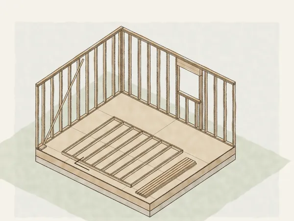 Illustration of two framed walls standing at a corner on a new subfloor, with a window opening, double top plate and a temporary brace, and the next wall framed flat on the deck
