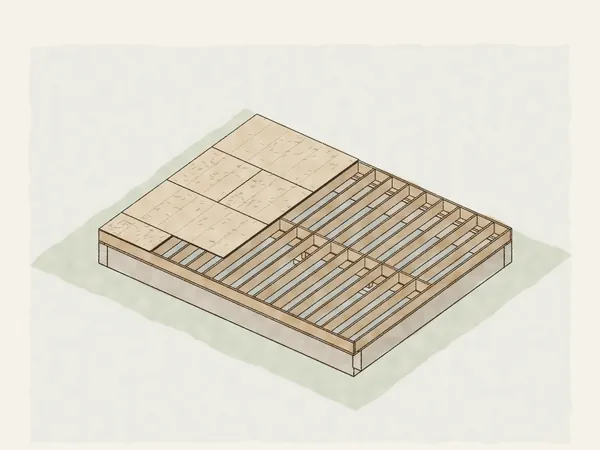 Illustration of floor framing on a concrete foundation: sill plates, a girder on posts, joists 16 inches apart with blocking and rim joists, and the first subfloor sheets down