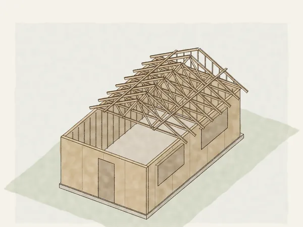 Illustration of roof trusses being set on the walls of a new building, 24 inches apart from the gable end, held by temporary braces