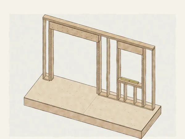 Illustration of a framed wall with a wide door opening and a window opening, each with a header on jack studs beside king studs, and a level on the window sill