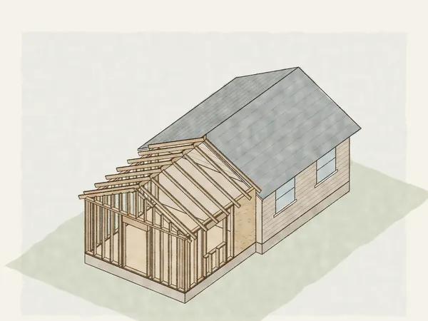 Illustration of a house with a new addition framed onto its gable end: stud walls with window and door openings, rafters on a ridge board, and the first wall sheathing