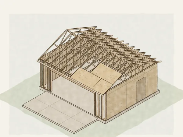 Illustration of a detached garage on a new slab with sheathed side walls, a wide garage door header, roof trusses and the first roof sheathing
