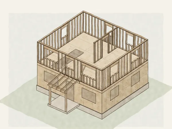 Illustration of a two-story new home being framed, with the first floor sheathed, the second-floor walls framed with window openings, and a framed front porch
