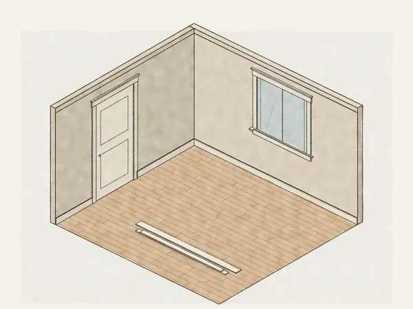 Illustration of a finished room corner with a cased window with a stool and apron, a cased door, baseboard and crown, and trim stock on a new plank floor