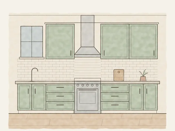 Illustration of a remodeled kitchen with shaker cabinets, a range and a hood the same width as the range