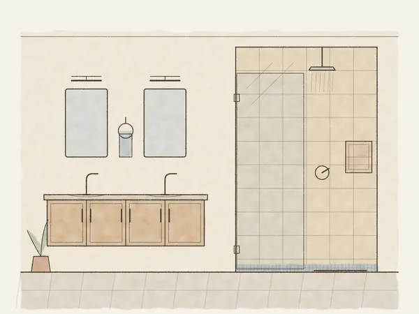 Illustration of a remodeled bathroom with a double vanity and a glass walk-in shower