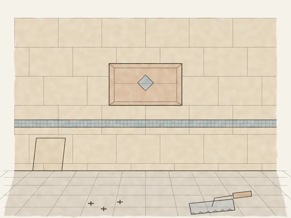 Illustration of a tiled shower wall with a recessed niche, mosaic band and a trowel on the floor