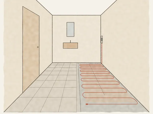 Illustration of a bathroom floor with radiant heating cable laid out before tile, wired to a wall thermostat