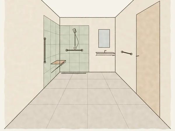 Illustration of an accessible bathroom with a curbless shower, grab bars, a fold-down seat and a roll-under sink