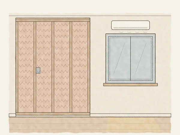 Illustration of an opened wall filled with insulation next to a double-pane window and a ductless heat pump