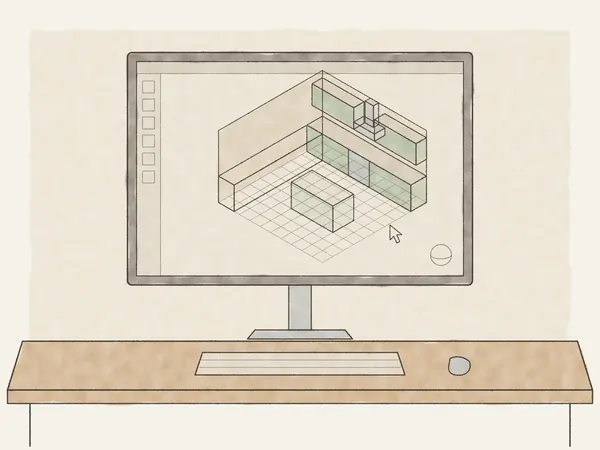 Illustration of a 3D kitchen model on a computer screen